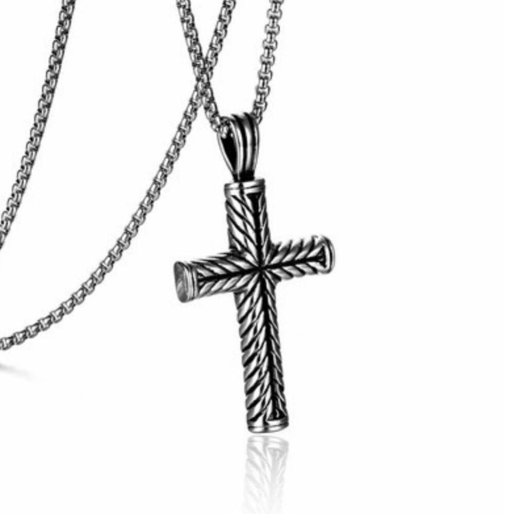 Chevron Cross Pendant Popcorn Necklace Antique/ Vintage finish- Stainless Steel